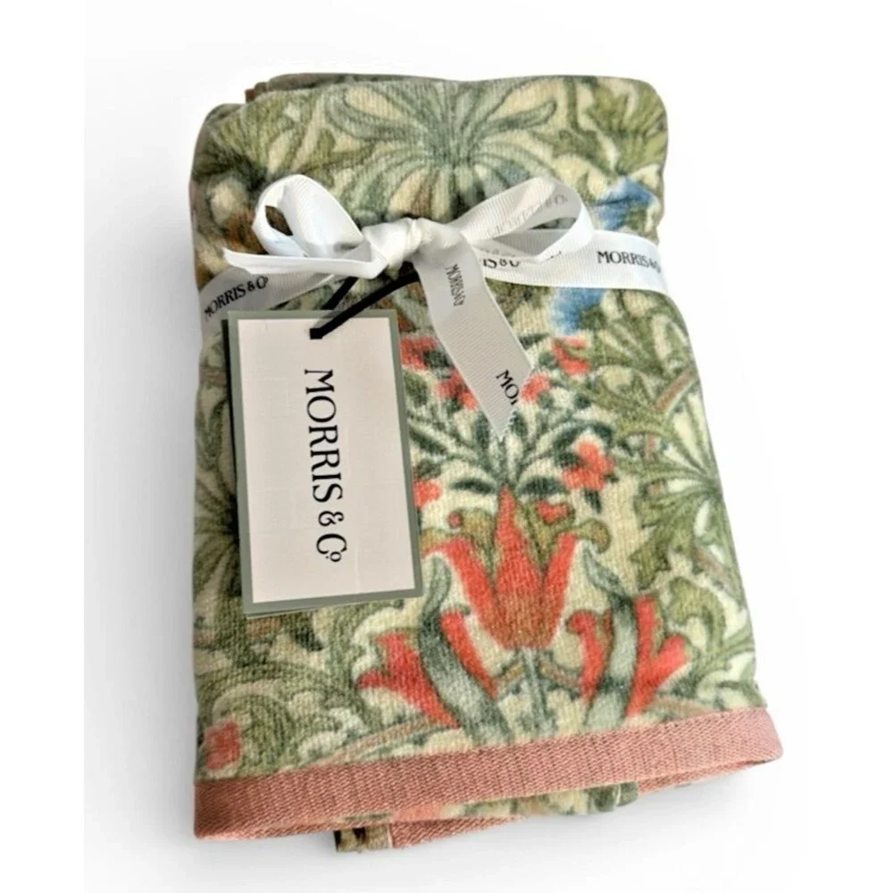 Morris & Co Woodland Weeds 2 Bath and 2 Hand Towels Plush Green Peach Set of 4